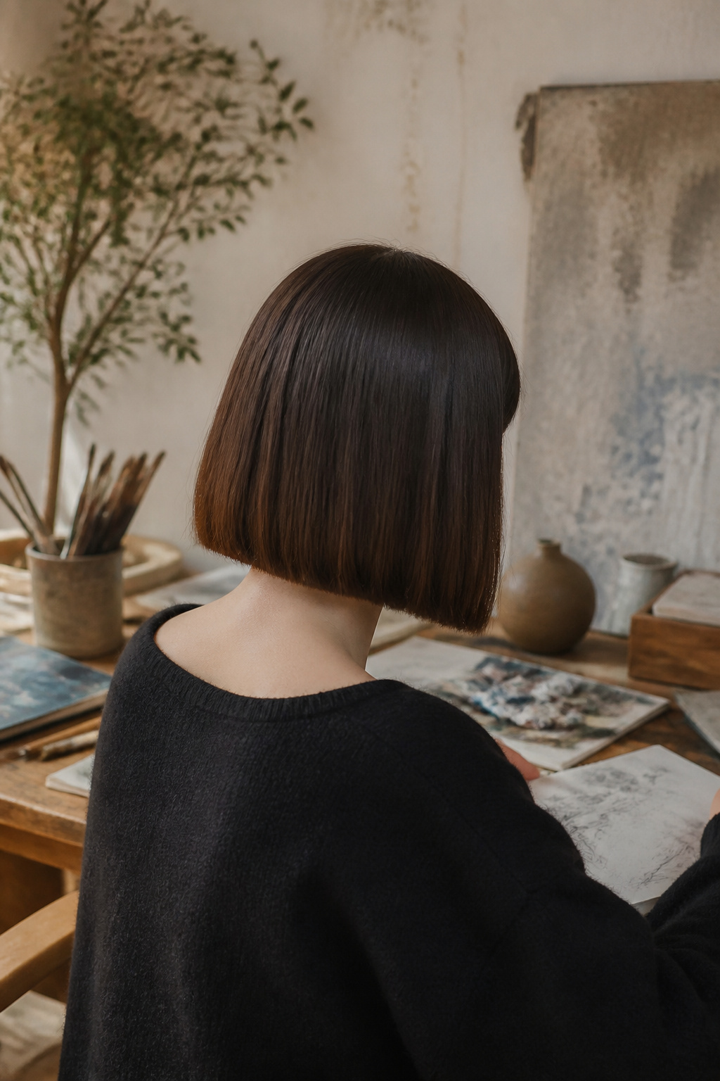 Lob haircut with straight-across bangs for a bold look.