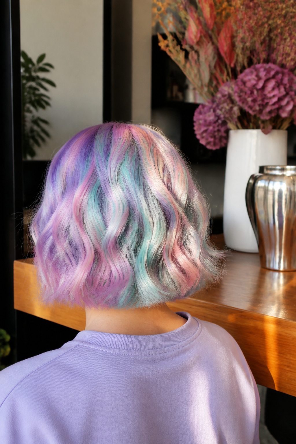 Short hair with pastel rainbow waves in lavender, mint, and pale pink.