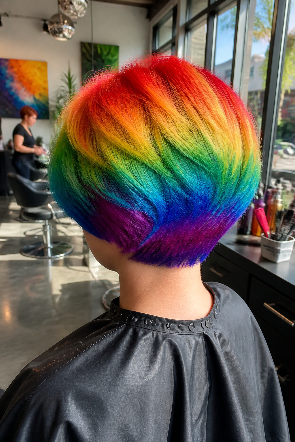 Short hairstyle with distinct bands of saturated rainbow colors.