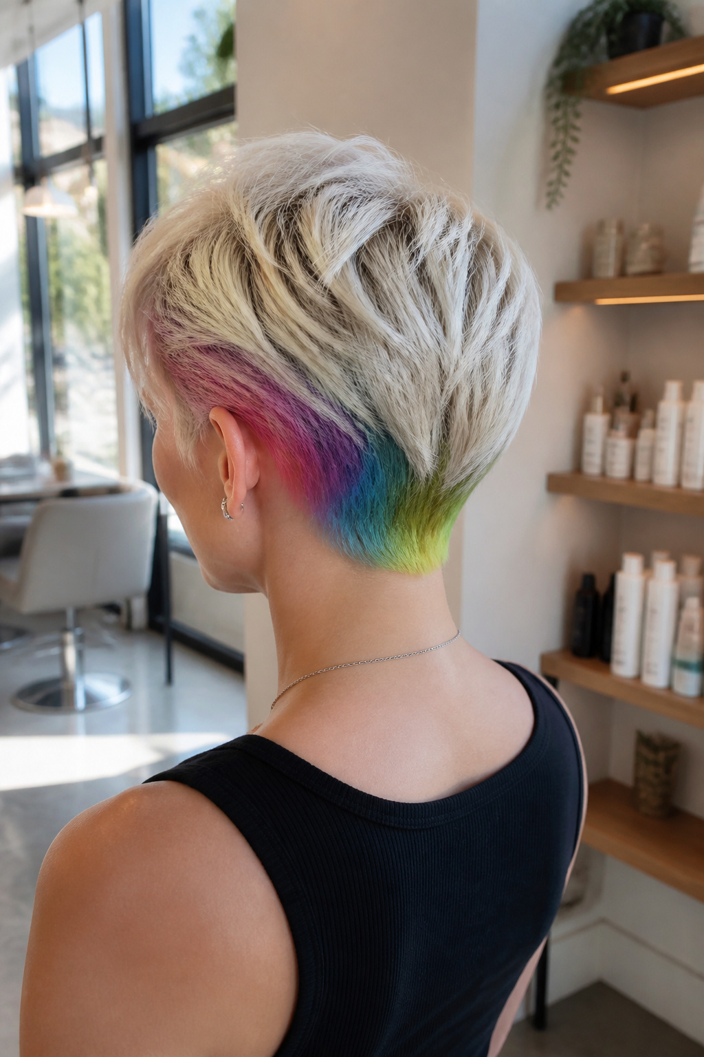 Pixie cut with a rainbow underlight peeking through platinum blonde hair.