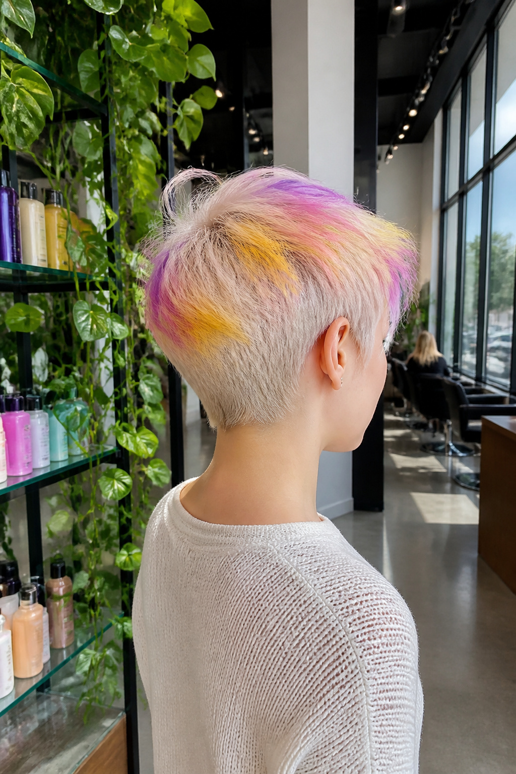 Pixie cut with dip-dyed rainbow accents in yellow and lavender.