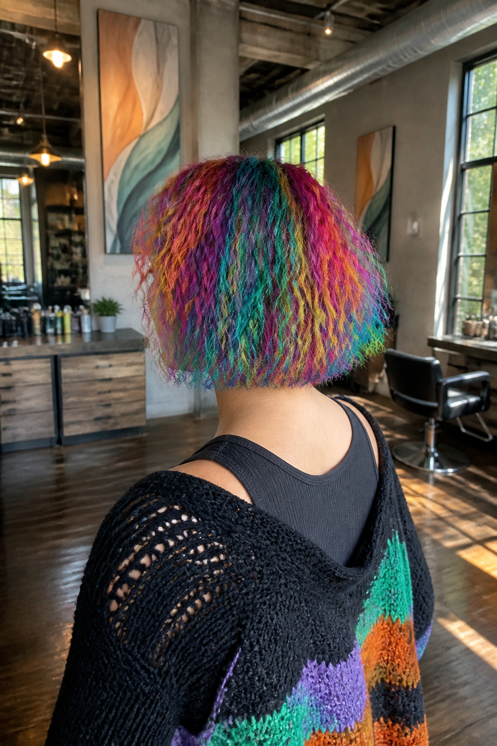 Short crimped hair displaying rainbow colors of turquoise and fuchsia.