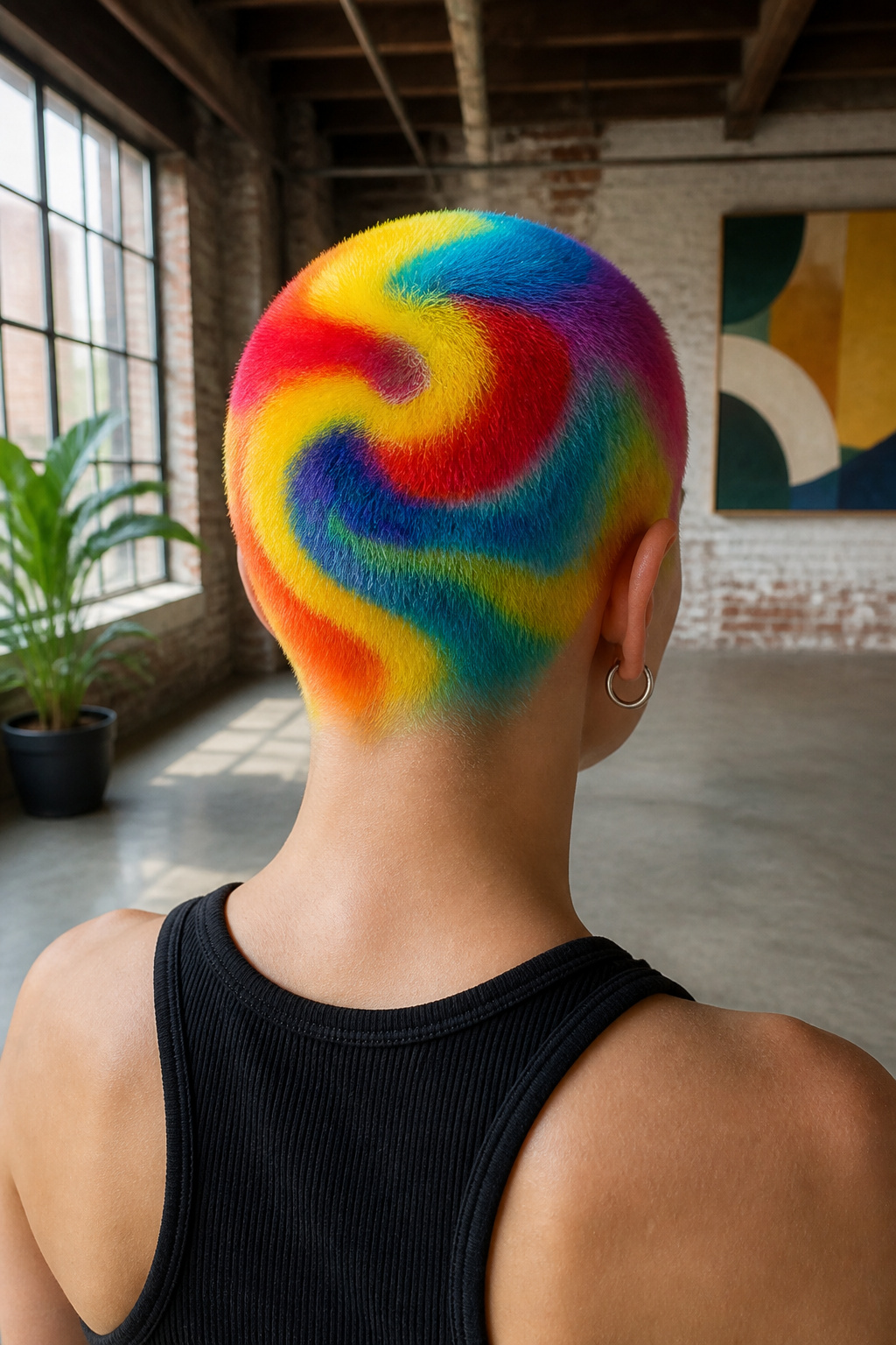 Buzzcut with swirly rainbow patterns in vibrant colors.