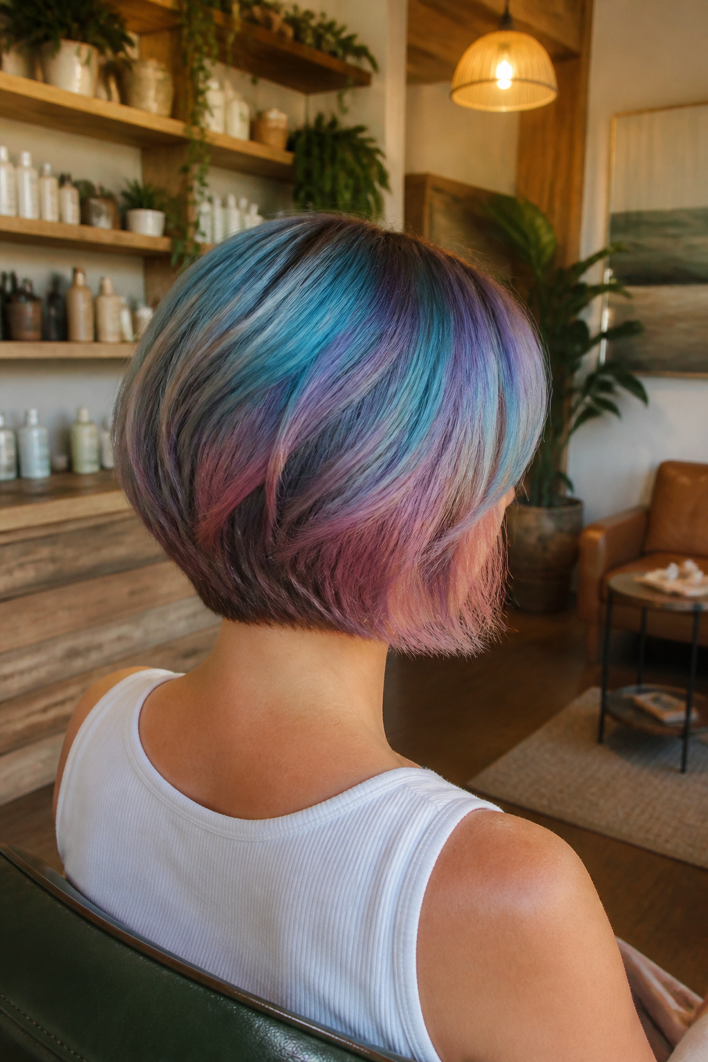 Chin-length hair with a subtle three-color rainbow in soft tones.