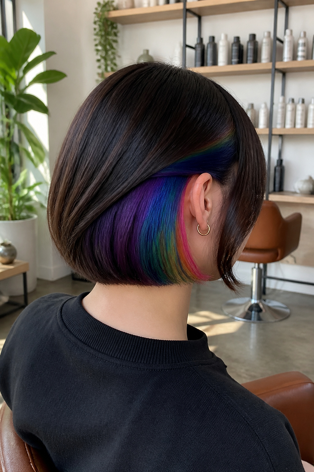 Bob cut with purple base and a hidden rainbow behind the ear.