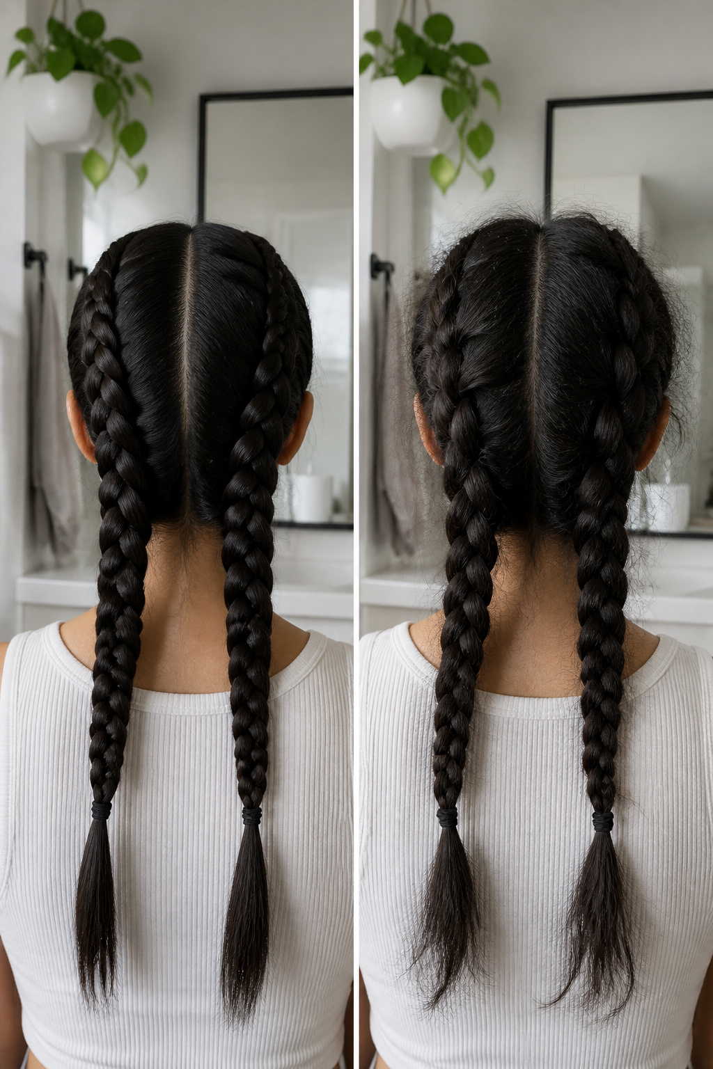 Two Dutch braids styled neatly down both sides of the head.