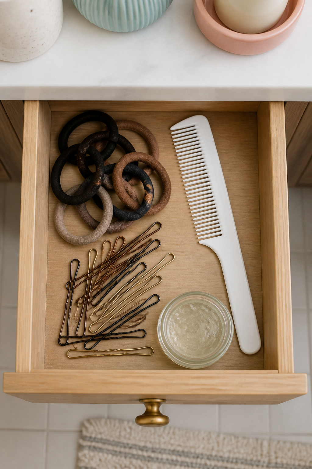 A collection of hair braiding tools displayed in a bathroom drawer.