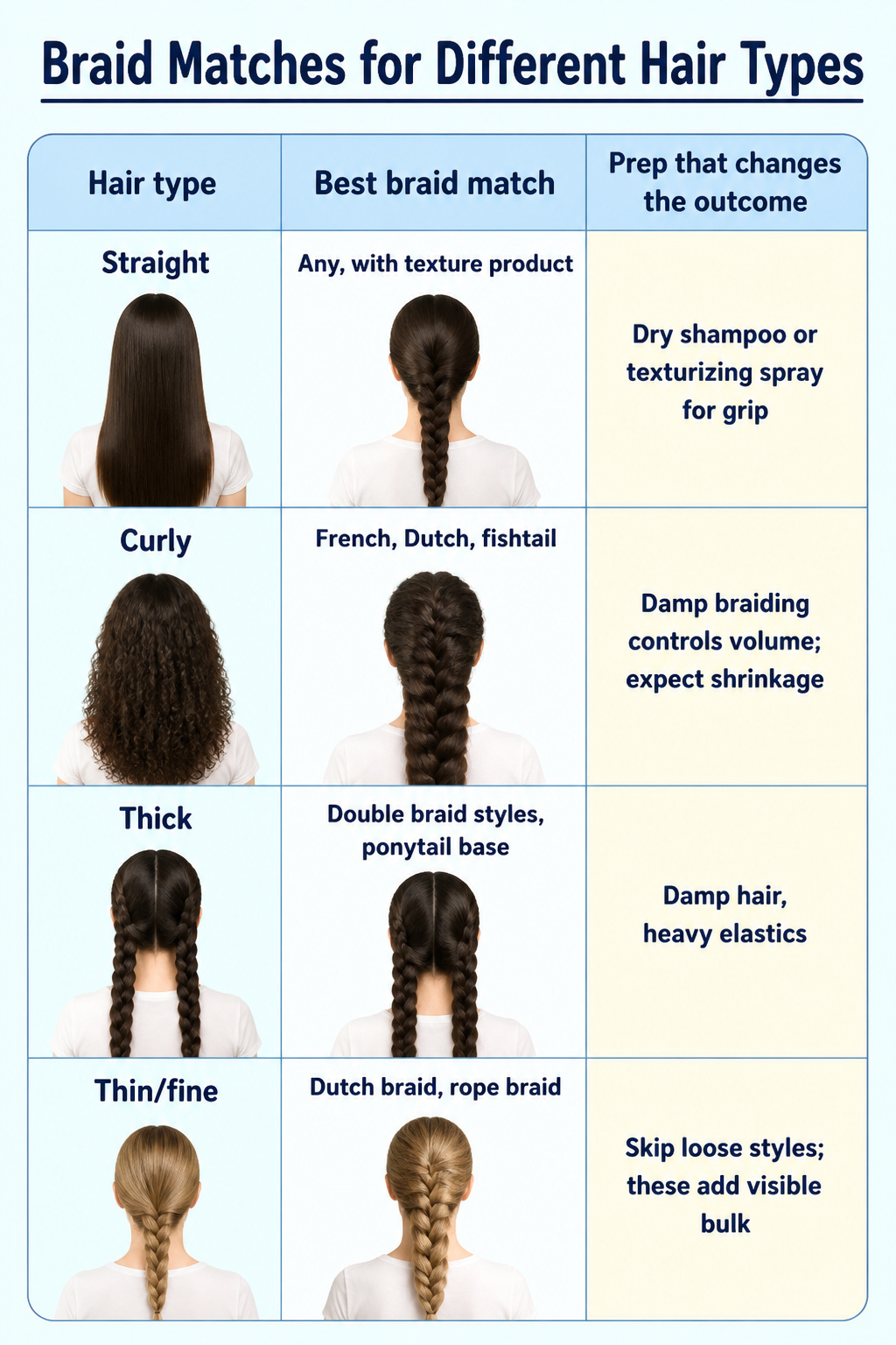 A chart showing braid matches for various hair types.