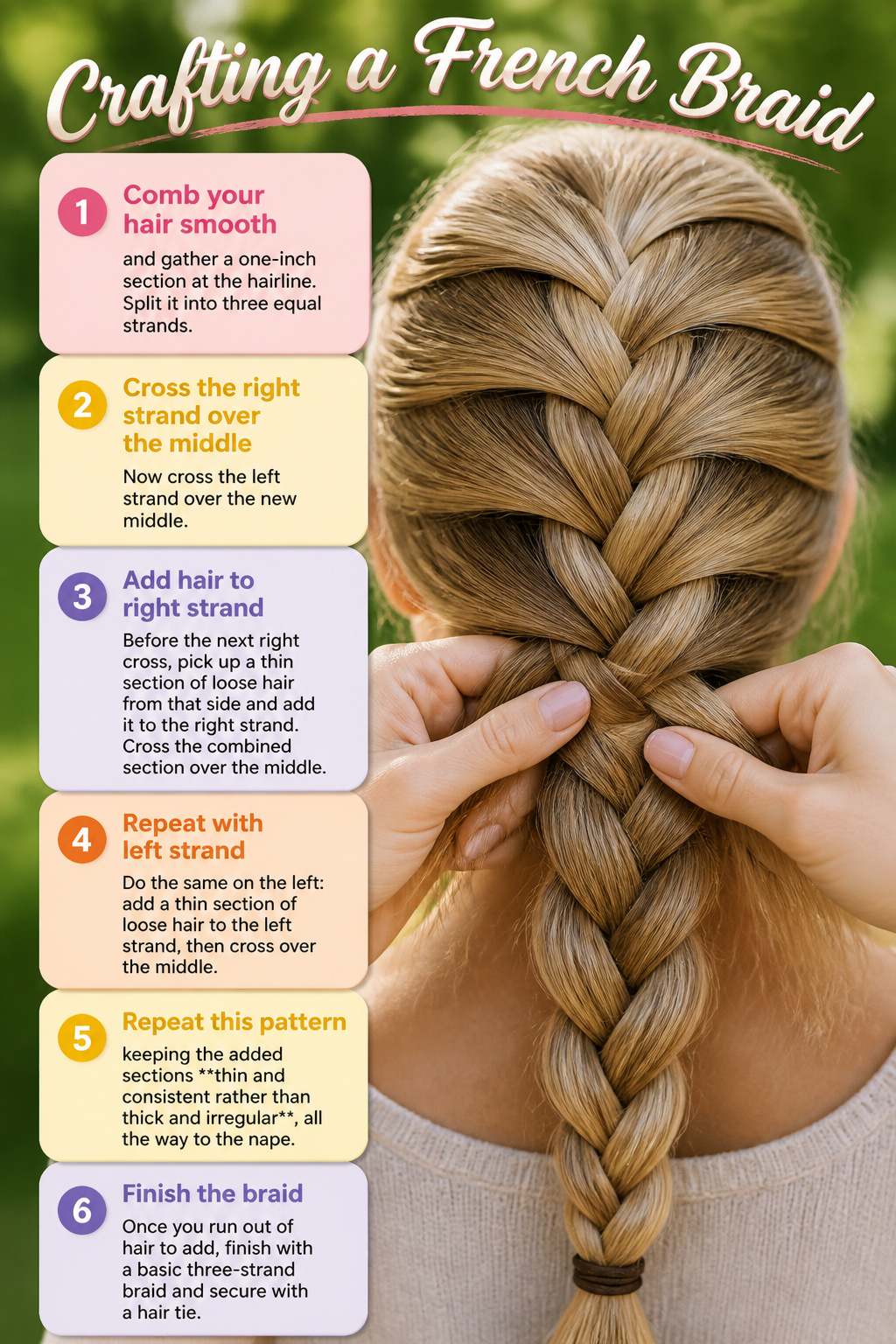 A visual guide to creating a French braid with hair sections.