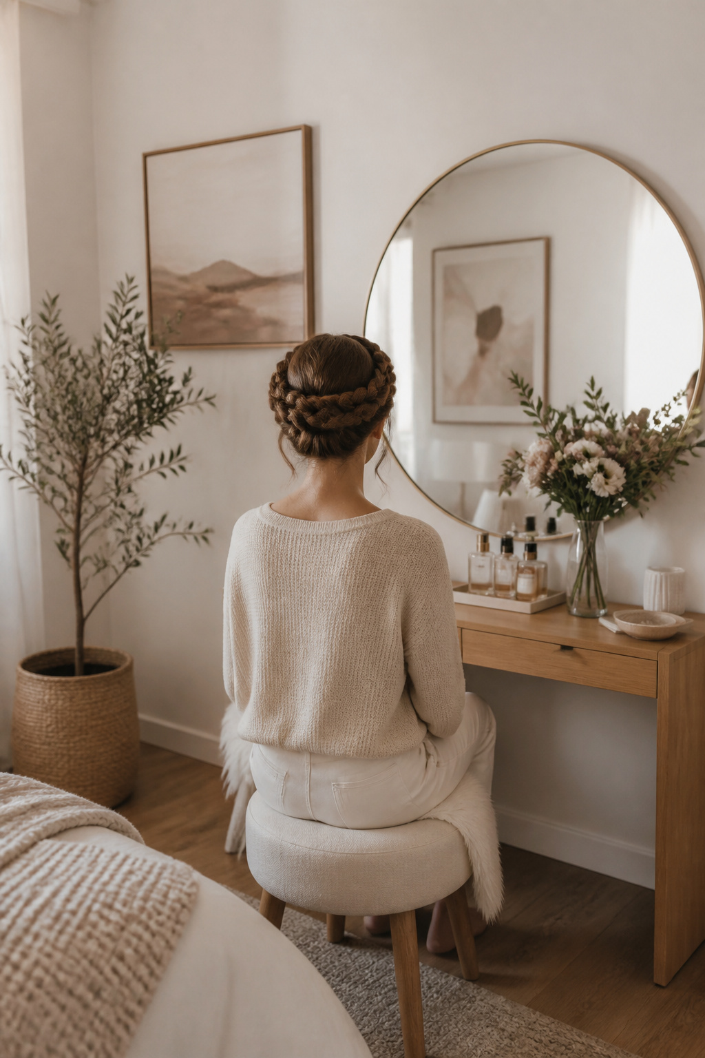 A crown braid styled around the head, resembling a halo.