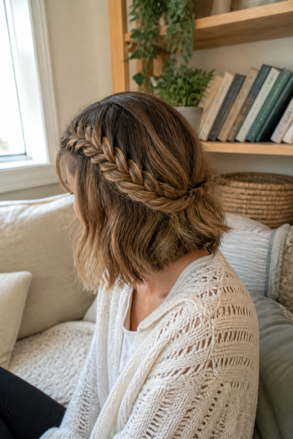 Fishtail Dutch Braided Bangs styled on short hair.