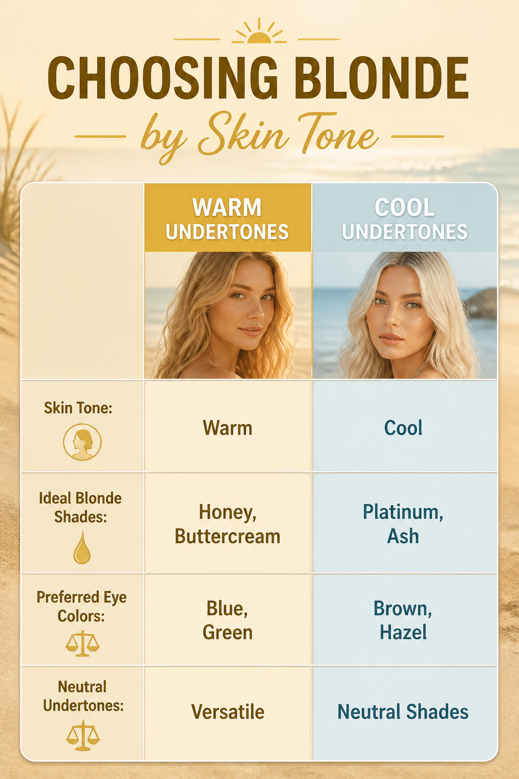 Information image on choosing blonde hair by skin tone and eye color.