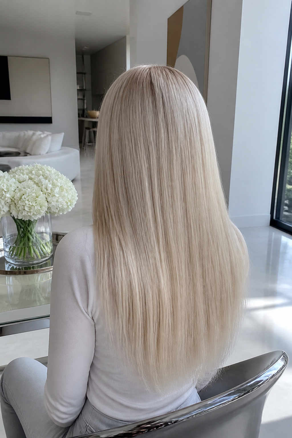 Sleek platinum blonde hair against minimalist white walls and modern decor.
