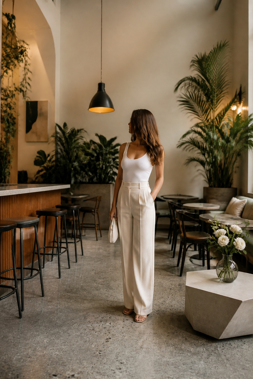 A bodysuit styled with high-waisted tailored pants.