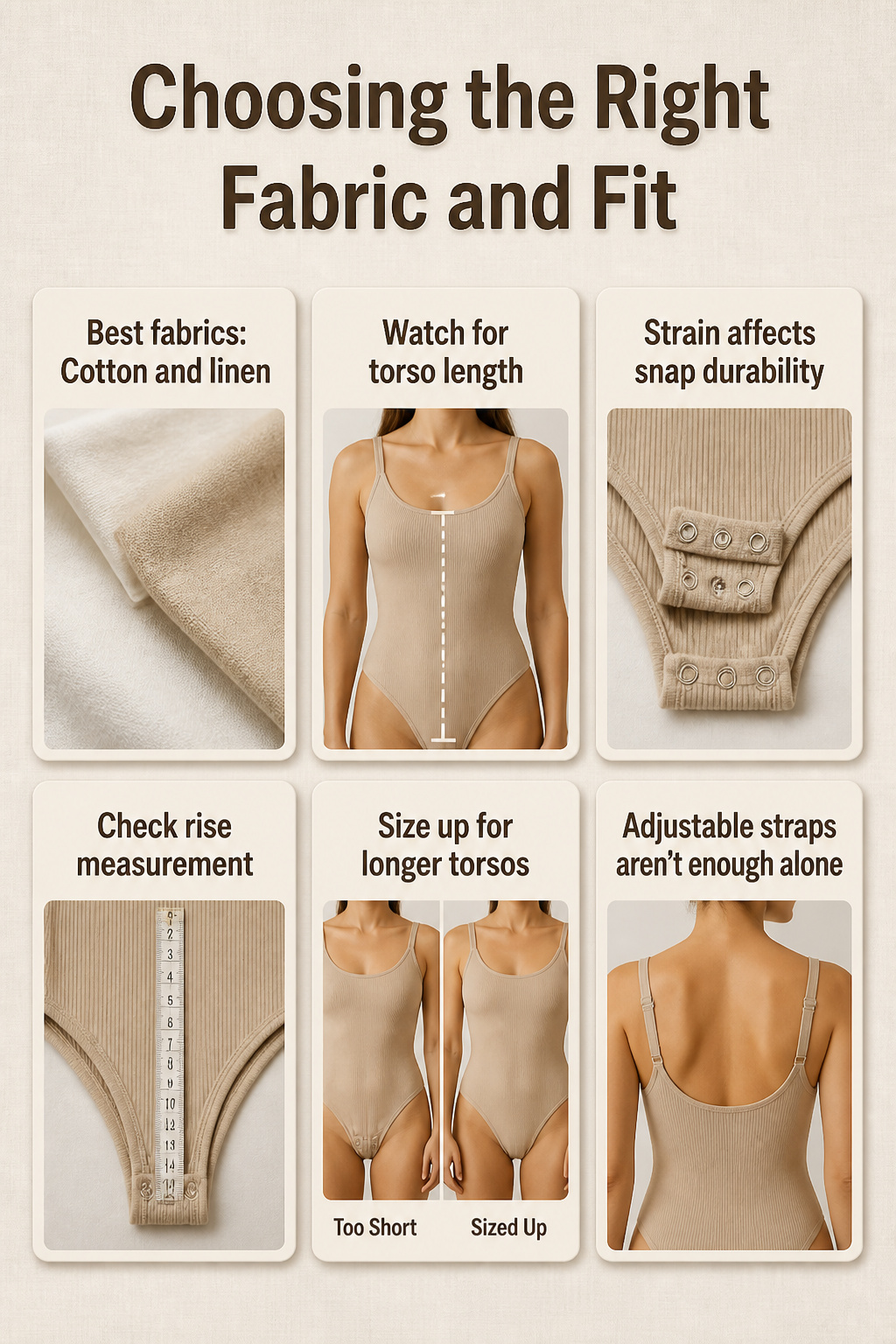 A visual guide on choosing fabrics and fits for summer bodysuits.
