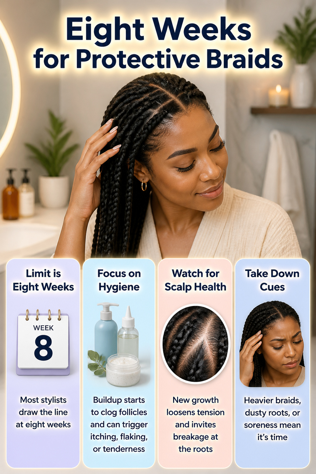 An informative image illustrating the care timeline for protective braids.
