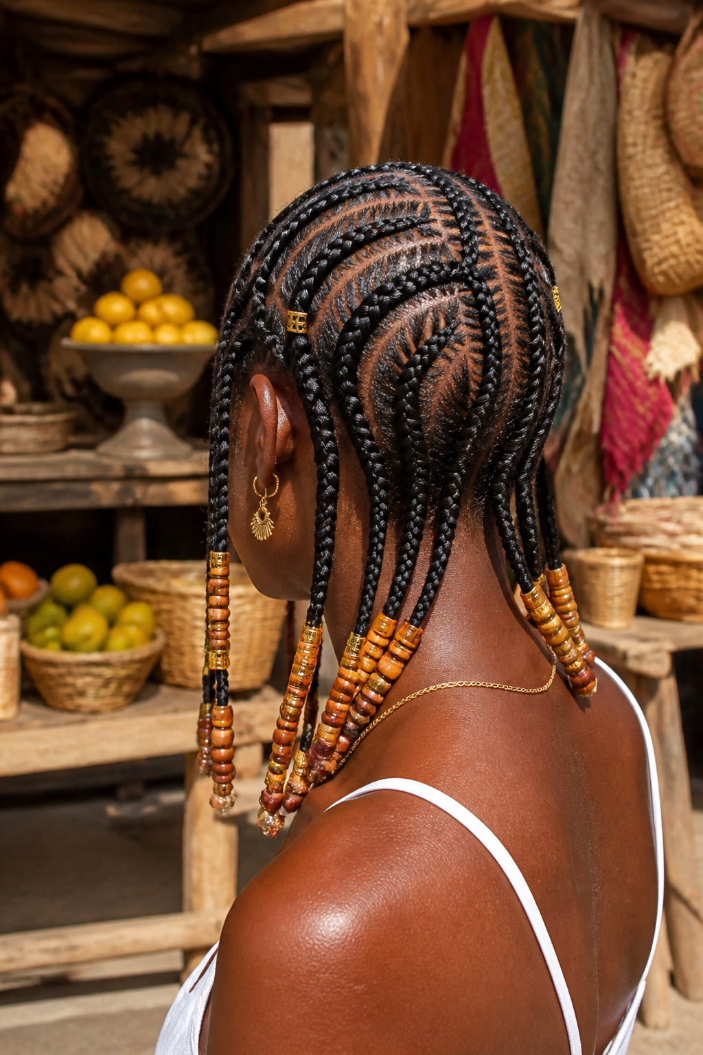 Close-up of Fulani braids featuring geometric patterns and decorative accessories.