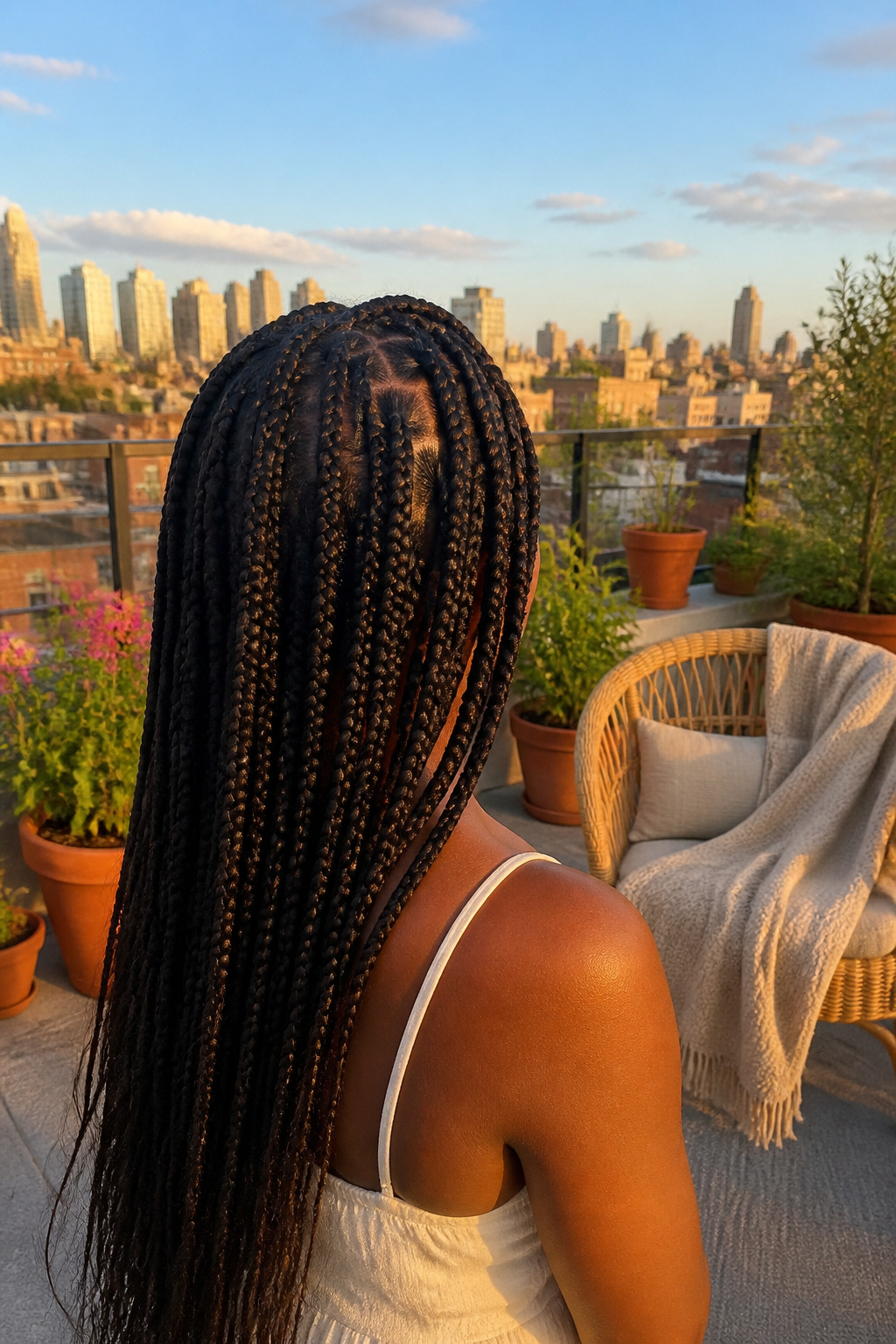 A model showcasing box braids with a cityscape background during golden hour.