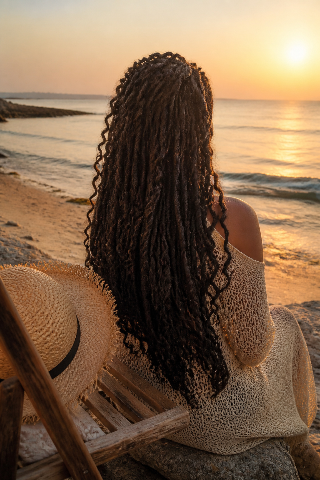 A model with butterfly locs styled casually against a coastal backdrop.