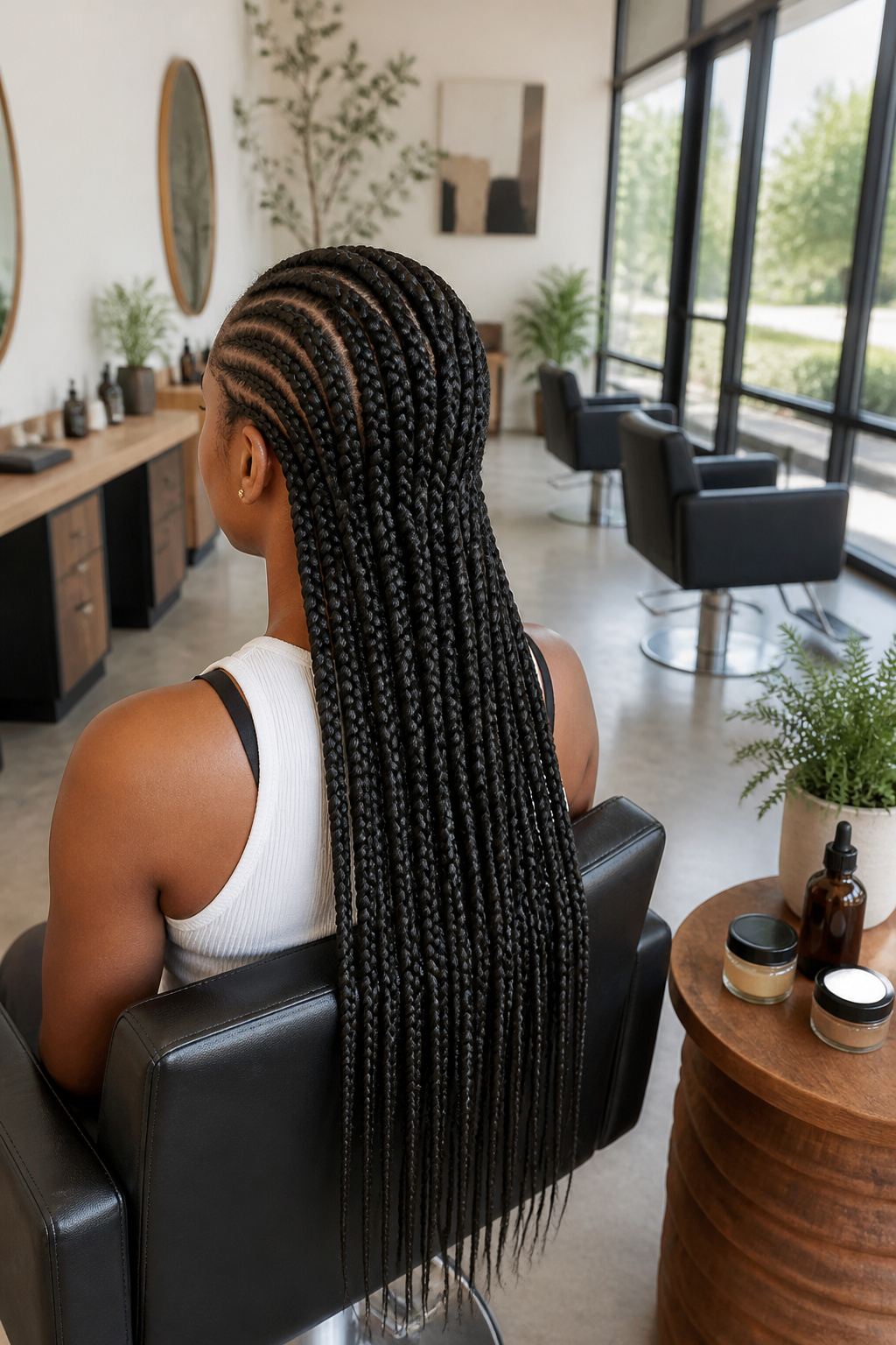 A model with feed-in braids in a modern salon setting, showcasing their design.