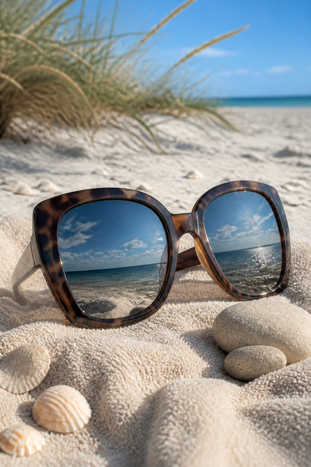 A pair of oversized sunglasses with polarized lenses on a beach.