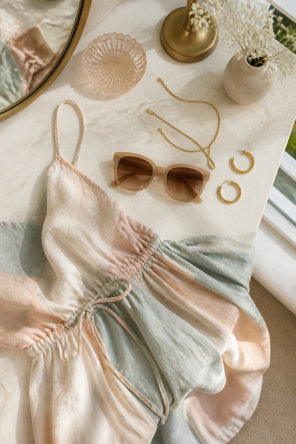 Sunglasses held up against clothing for color matching.