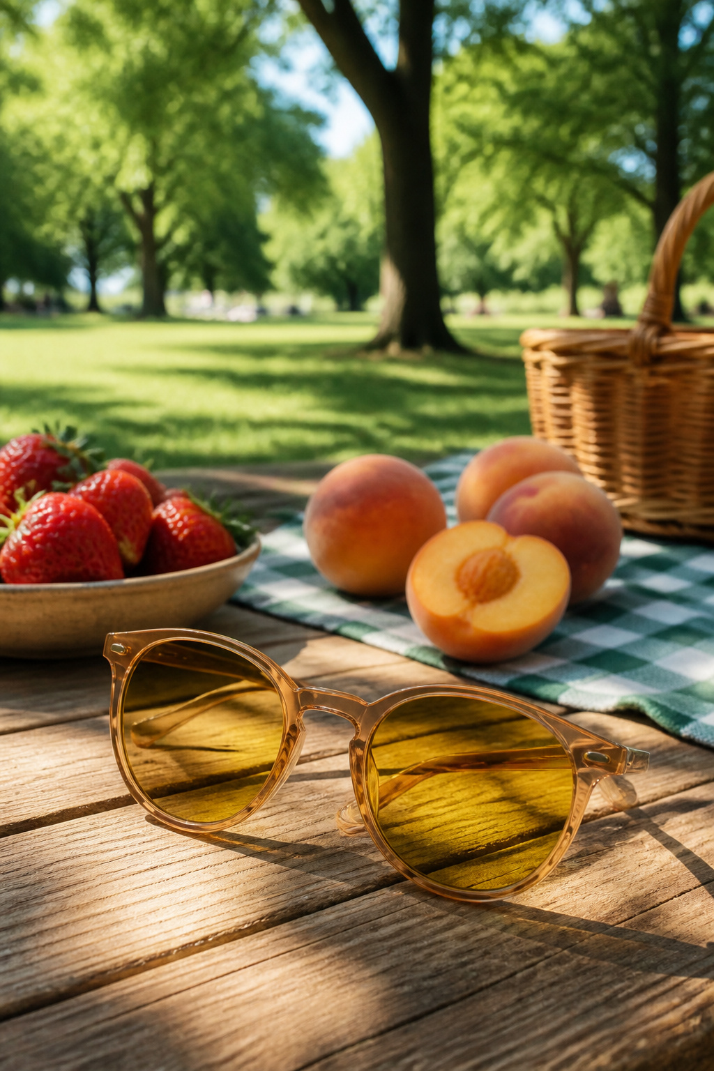 Retro sunglasses with yellow tinted lenses on a wooden picnic table.