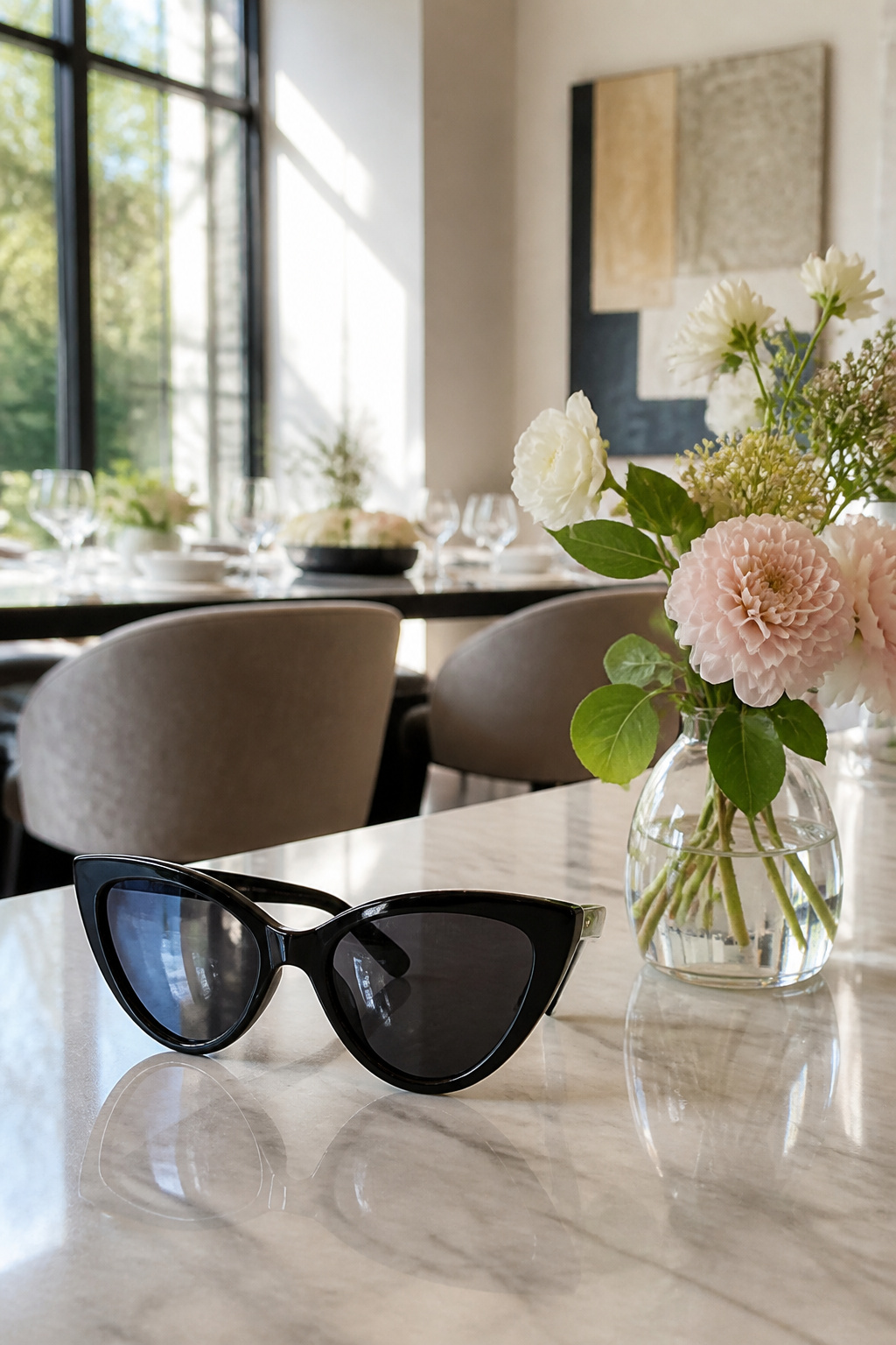 Cat-eye sunglasses with black frames on a marble countertop.
