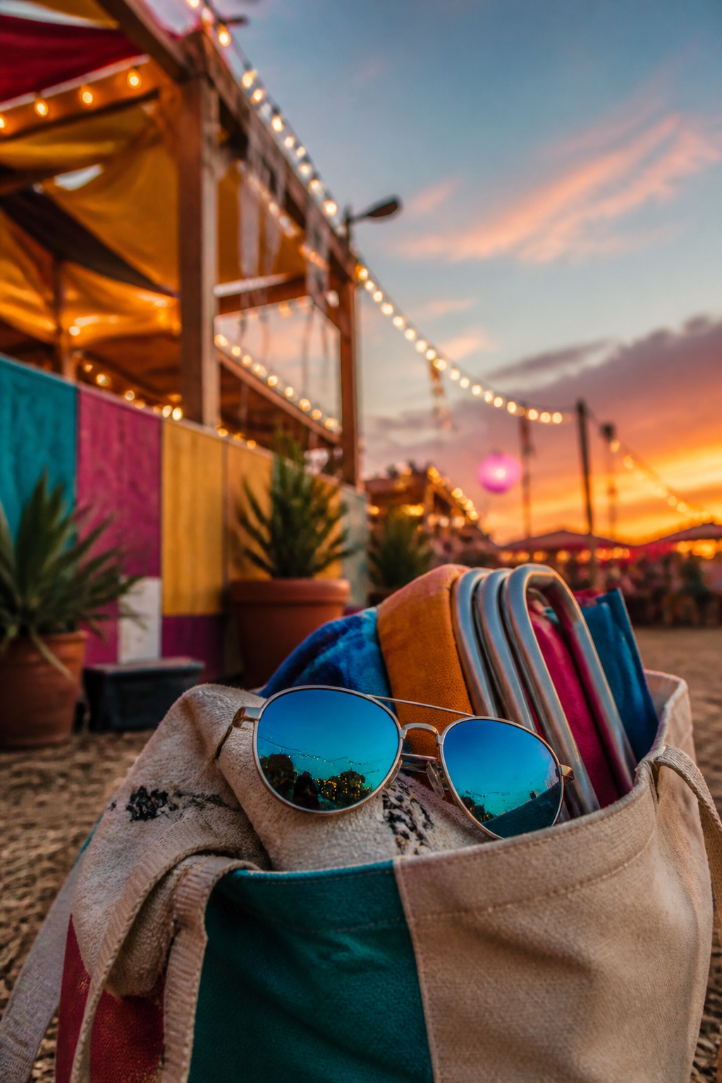 Sunglasses with mirrored lenses placed on a beach.