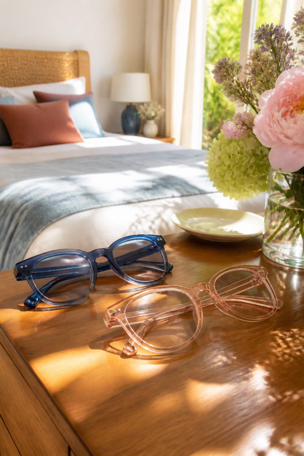Colorful acetate sunglasses on a sleek wooden table.