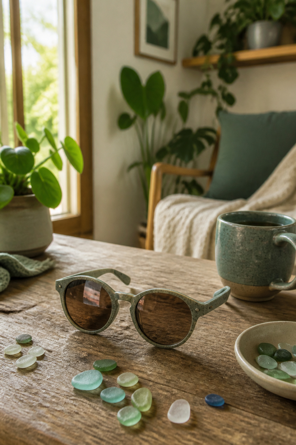 Recycled sunglasses frames on a wooden table with sea glass.
