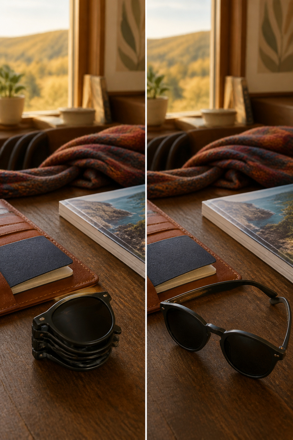 Foldable sunglasses in a compact form on a flat surface.
