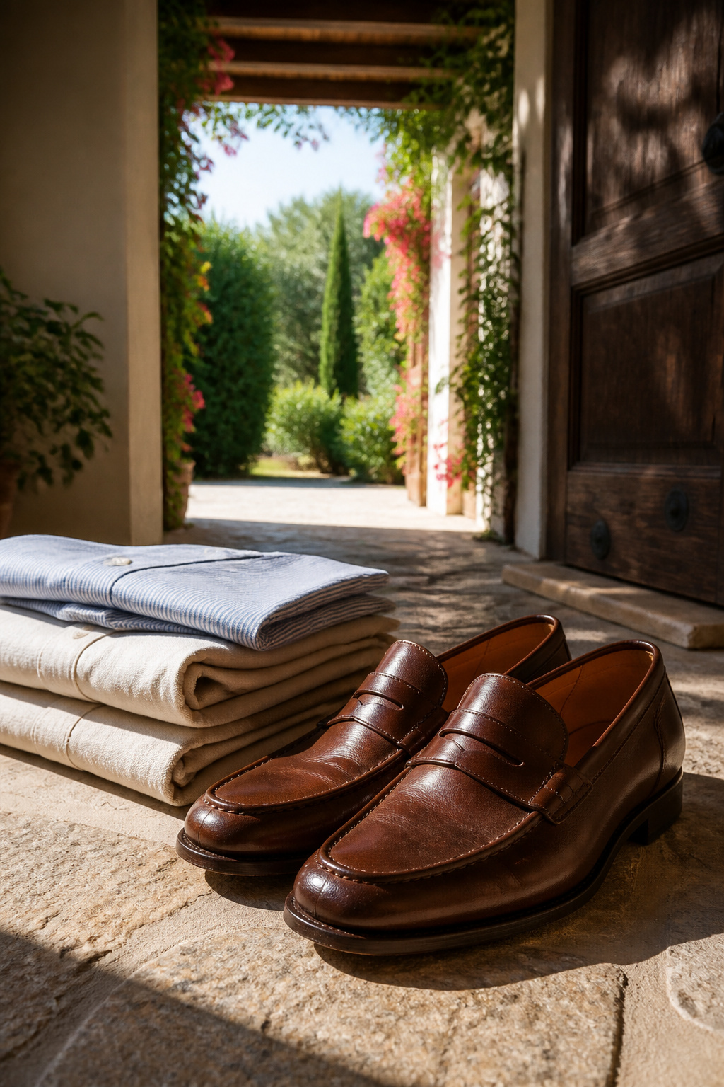 A pair of leather loafers displayed on a stone surface.