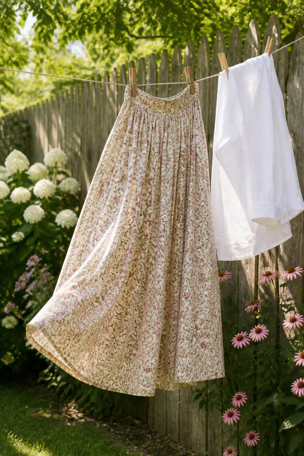 A midi skirt made from cotton poplin displayed on a surface.