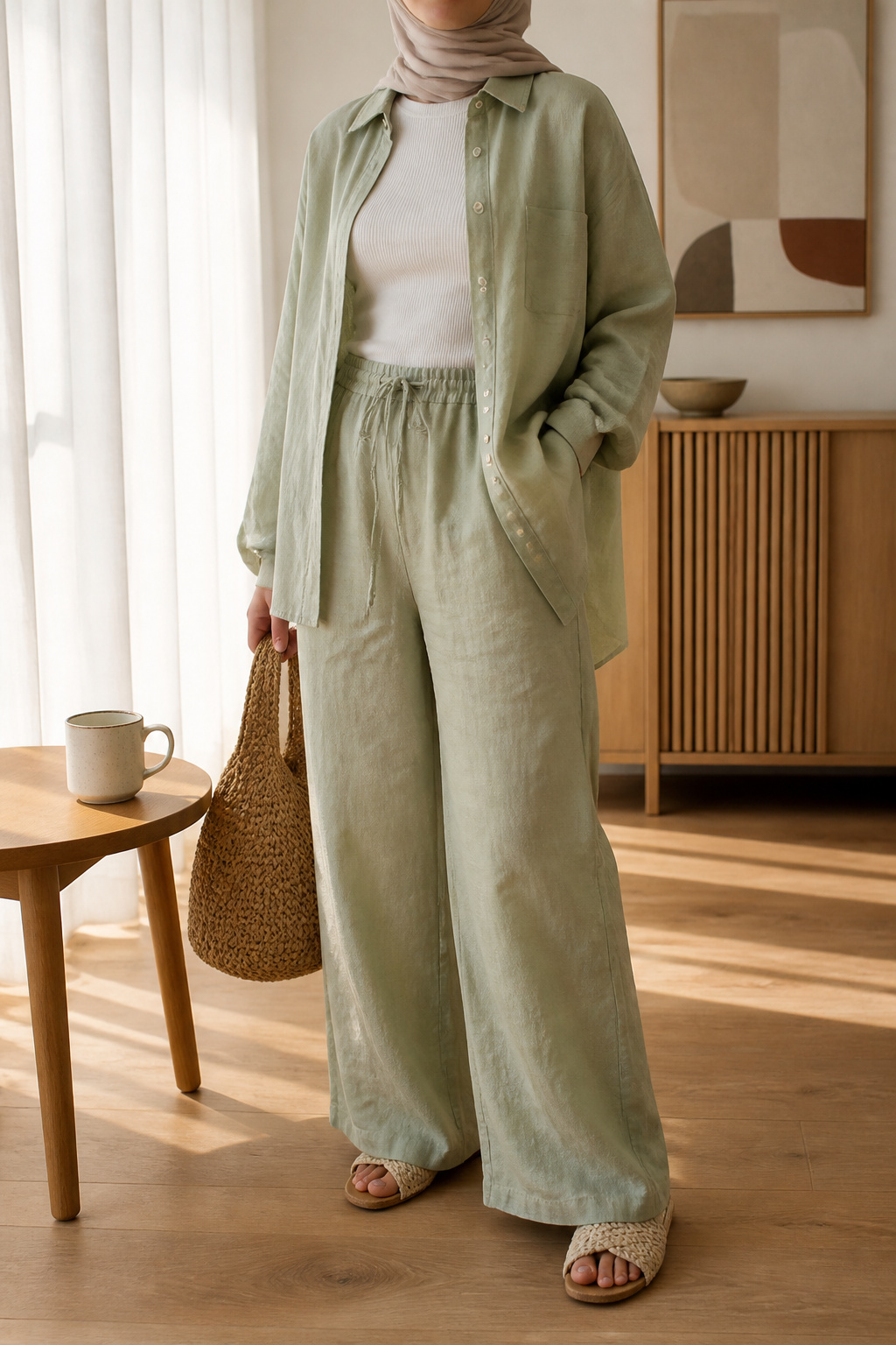 Model wearing a pale sage linen matching set with wide-leg trousers.