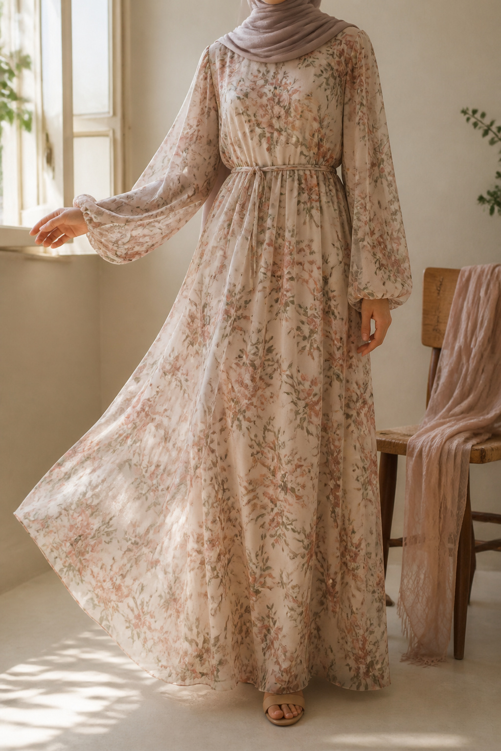 Model in a long-sleeve maxi dress made of lightweight chiffon.