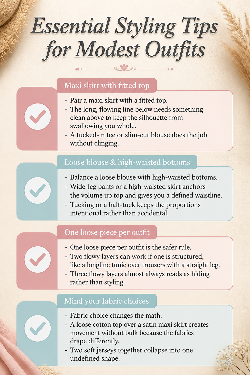Image with tips for styling modest outfits effectively.
