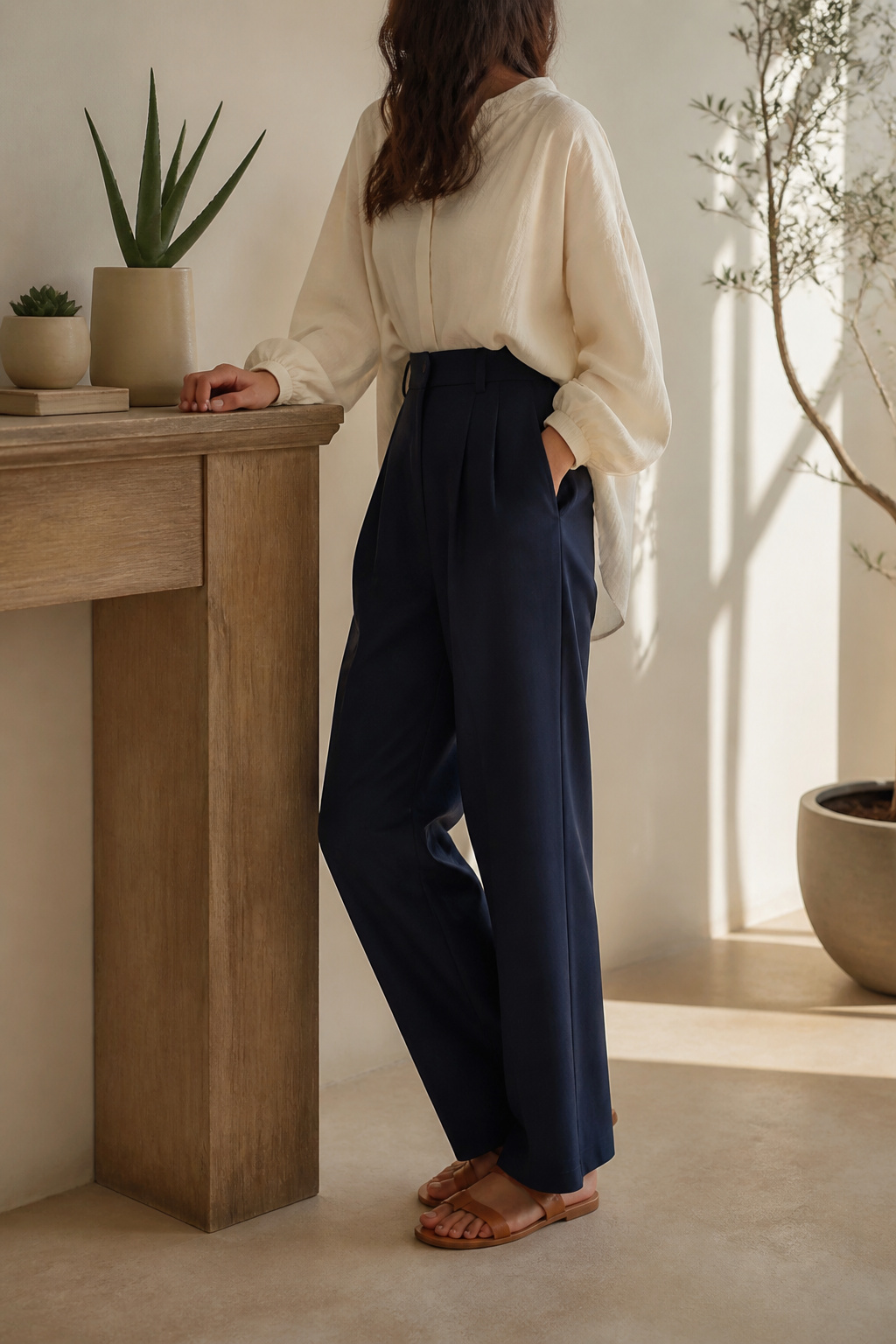 Model wearing a loose cream top and deep navy high-waisted trousers.
