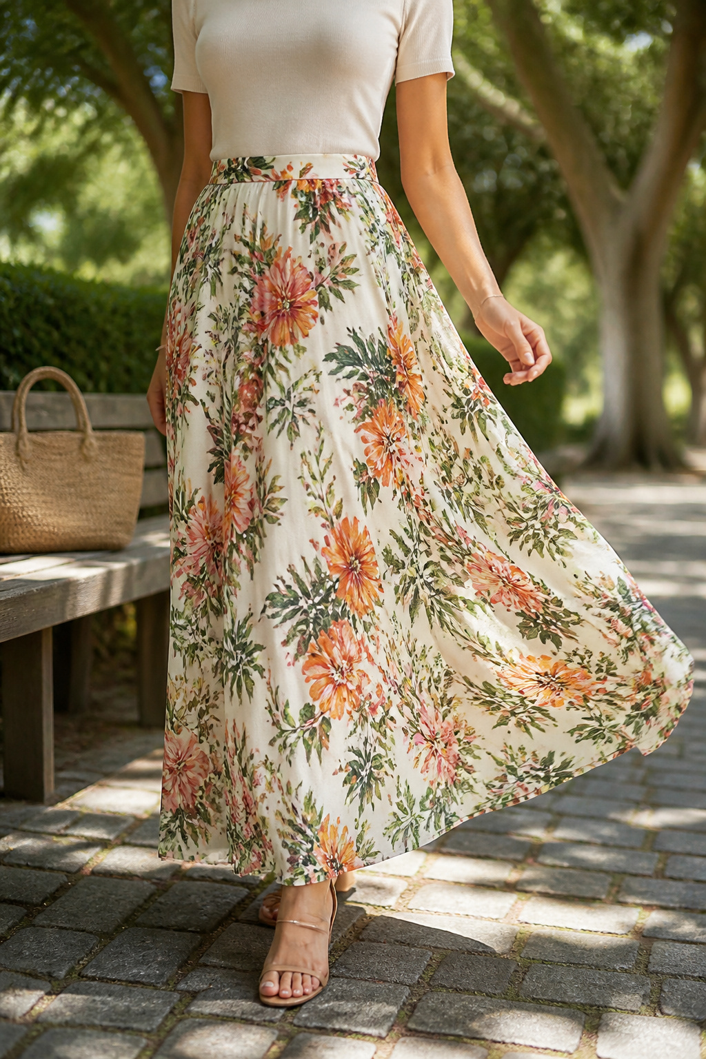 Model in an ankle-length maxi skirt made of lightweight fabric.