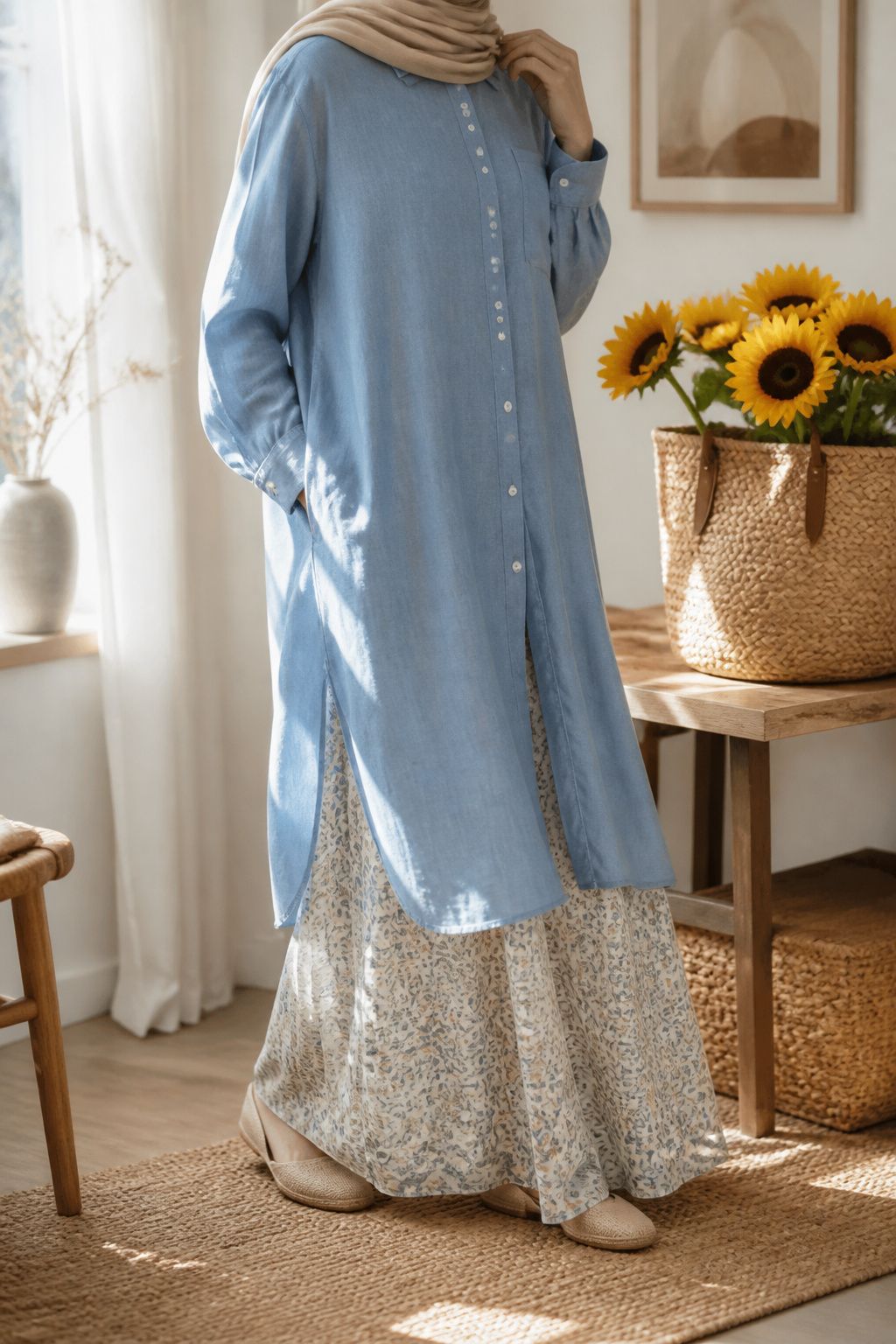 Model in a longline button-up shirt made of light chambray fabric.