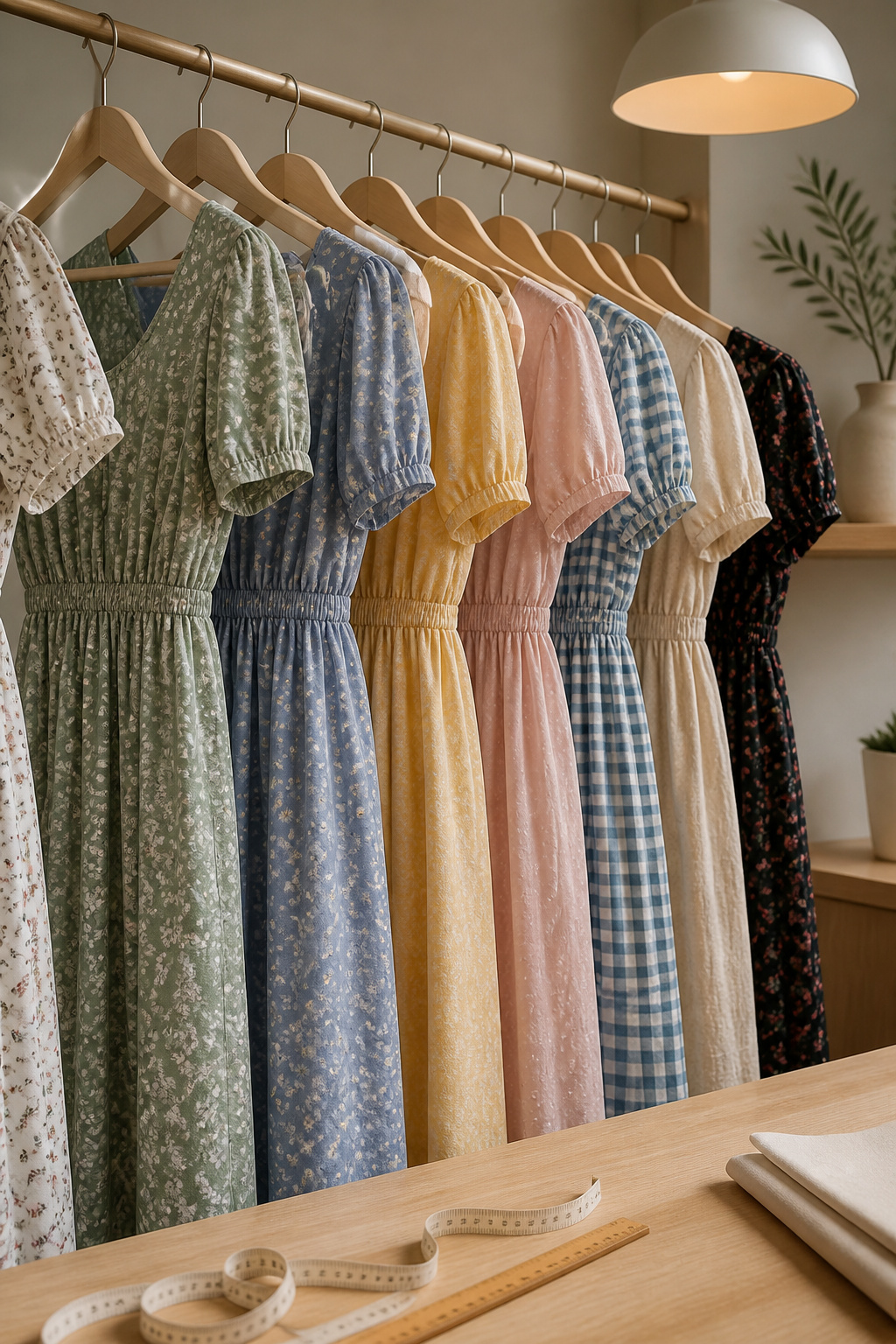 Neatly arranged dresses showcasing various styles and sizes.