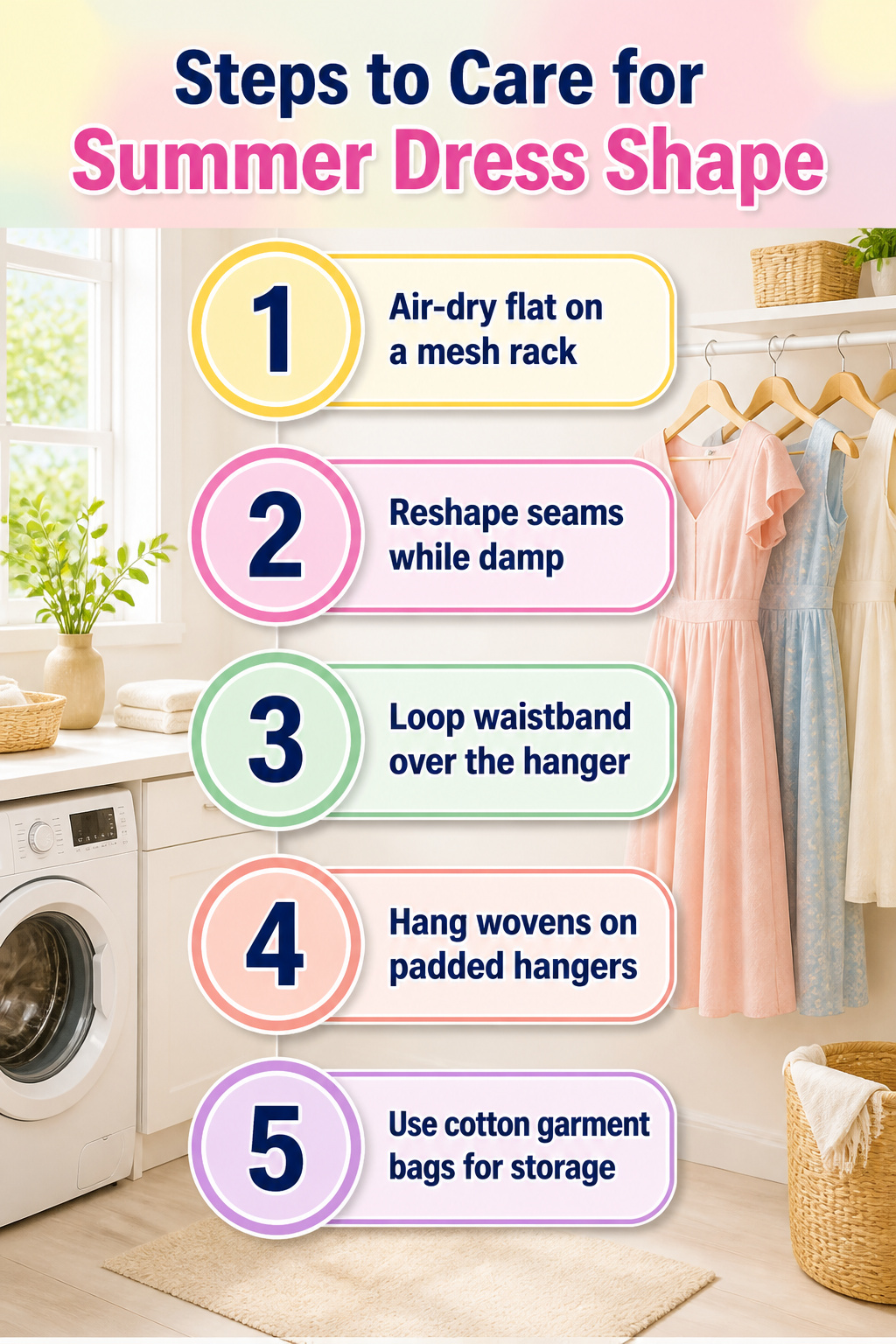 Instructions for caring for summer dress shapes and fabrics.
