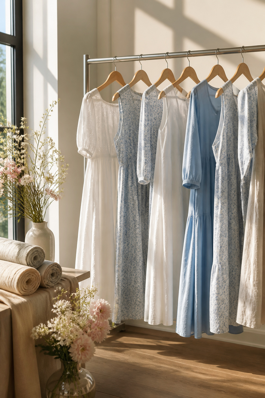 Lightweight summer dresses on a minimalist metal rack.
