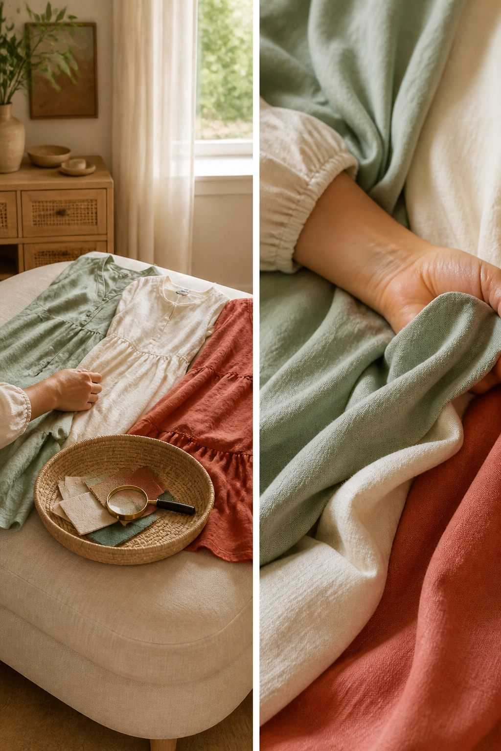 A hand pressing fabric to the inner arm for a softness check.