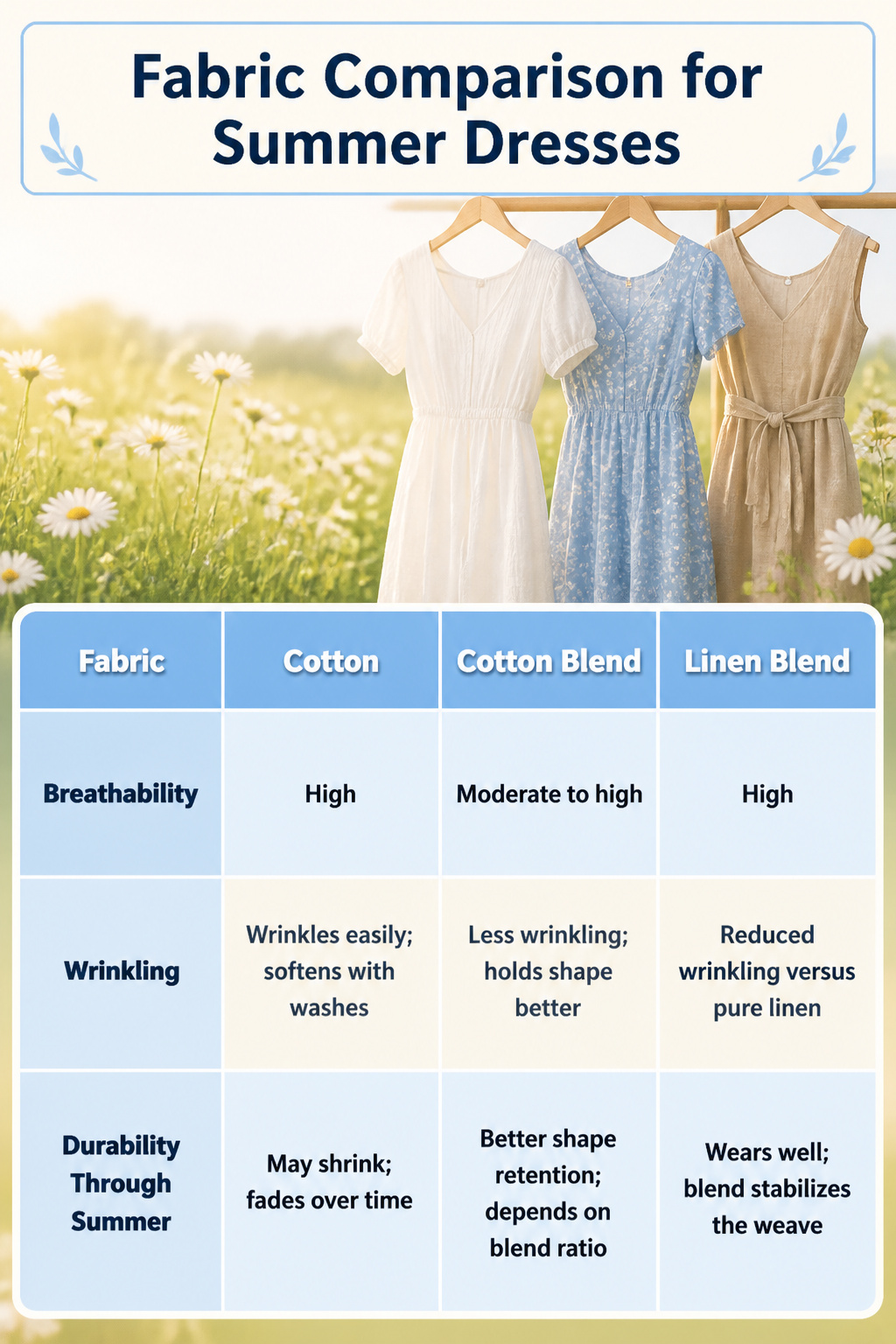 A chart comparing fabric types for summer dresses.