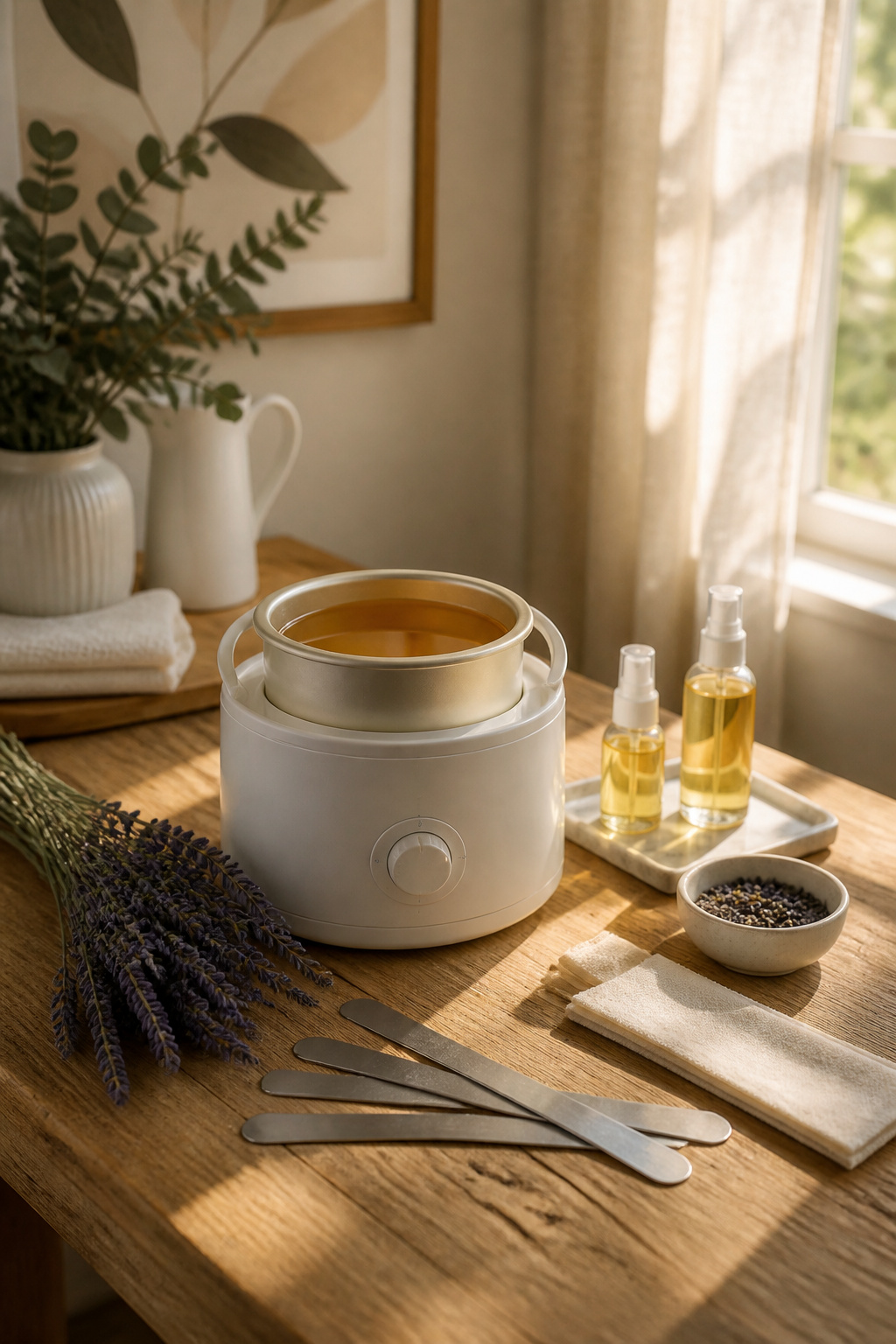 Bliss Poetic Waxing Kit with wax cup and spatulas on a wooden table.