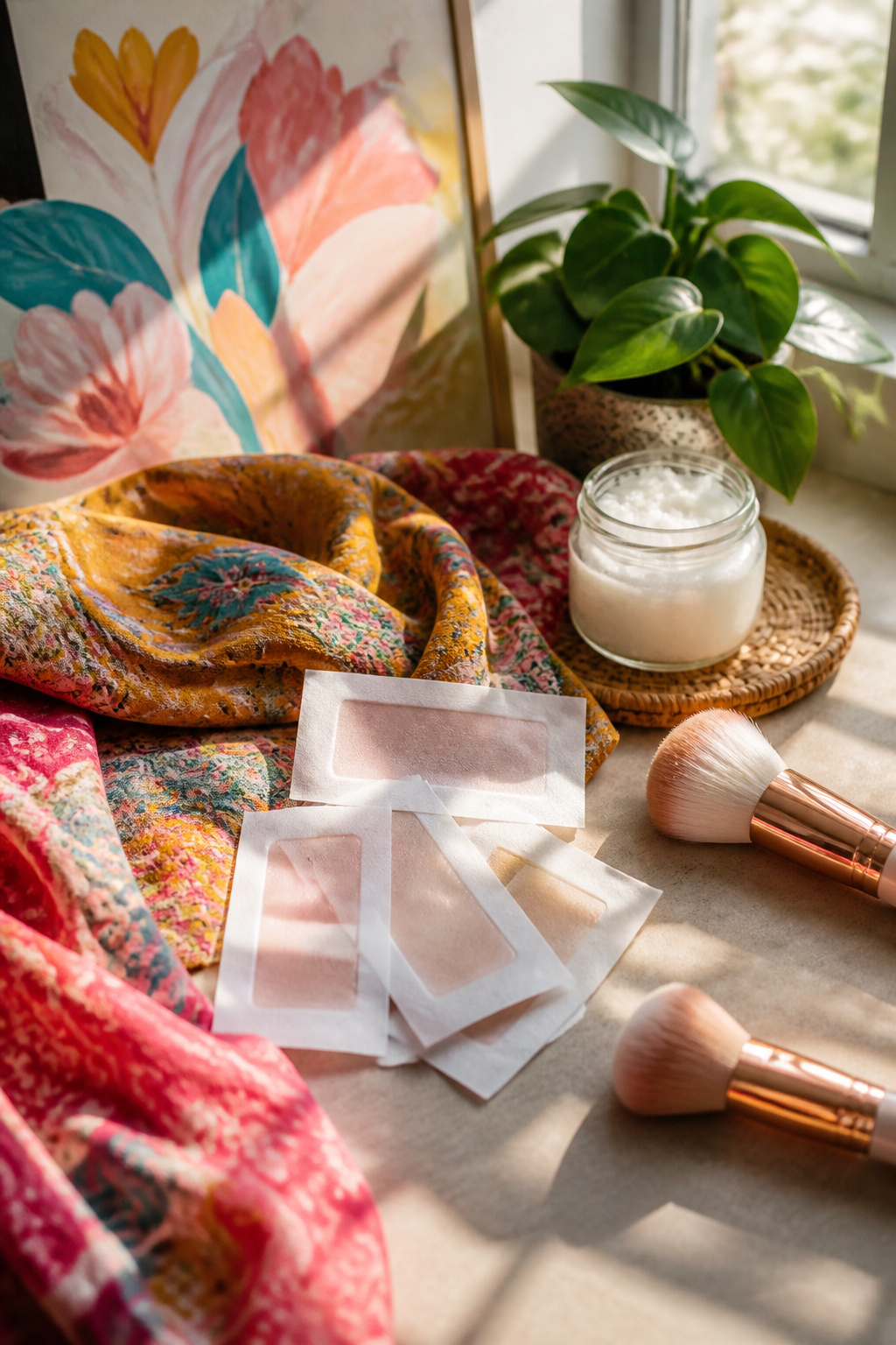 Nad's Facial Wax Strips arranged with colorful cloths.