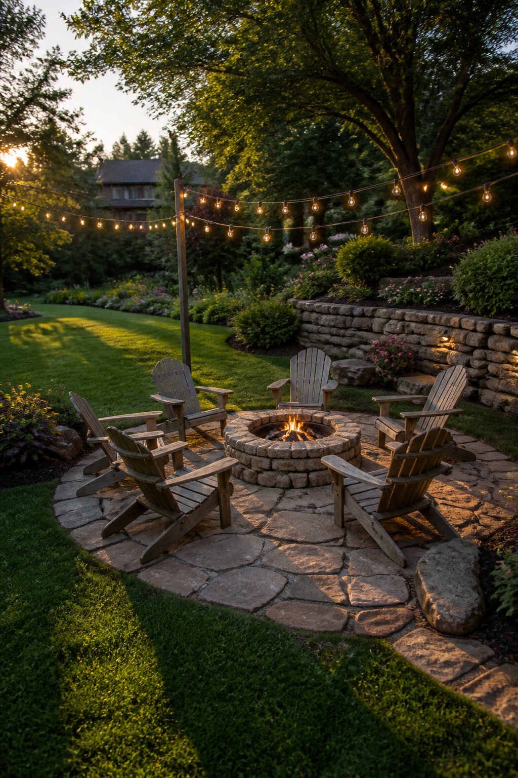 A fire pit with chairs arranged around it on gravel.