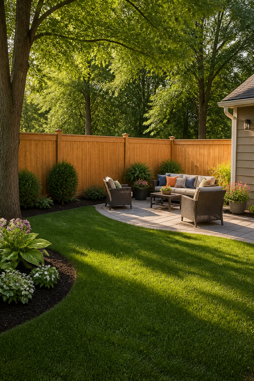 A wooden privacy fence surrounding a backyard.