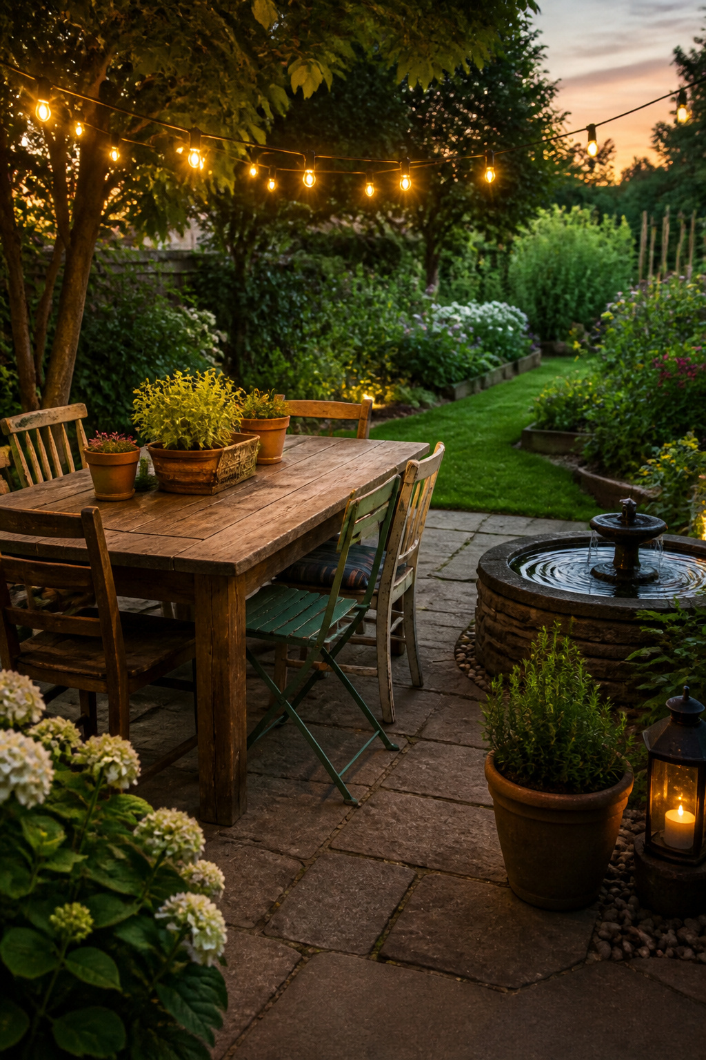 An outdoor dining area with a table and lush plants.